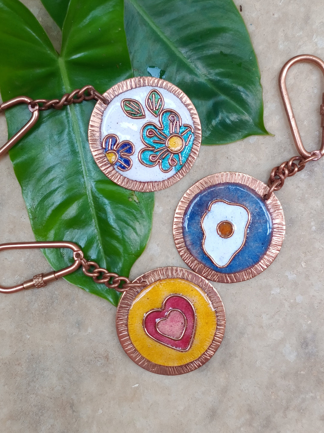 Handcrafted Copper Enamel Keychains (Set of 3) - Flower/Heart/Egg Ekibeki