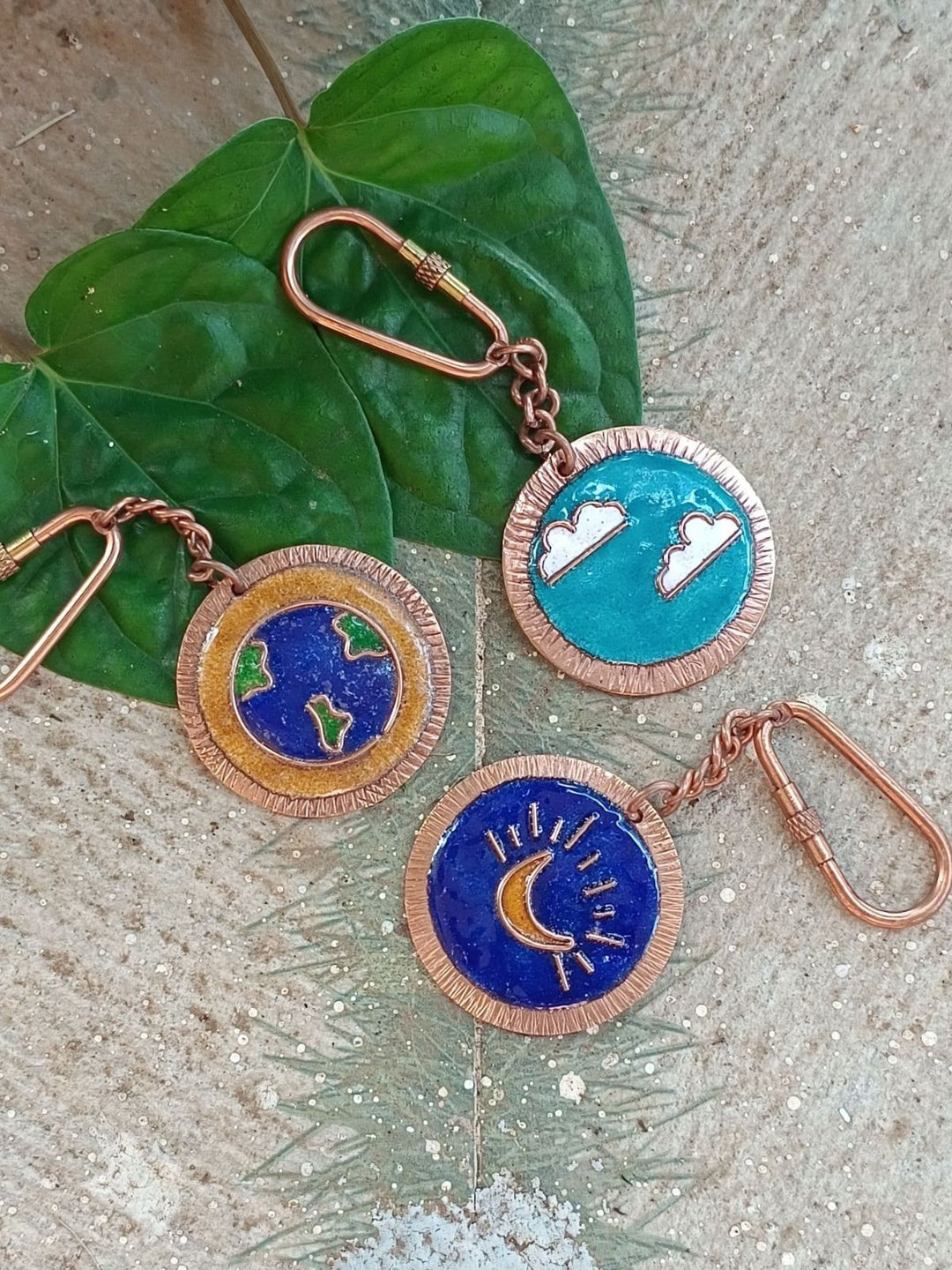 Handcrafted Copper Enamel Keychains (Set of 3) - Earth/Clouds/Moon Ekibeki