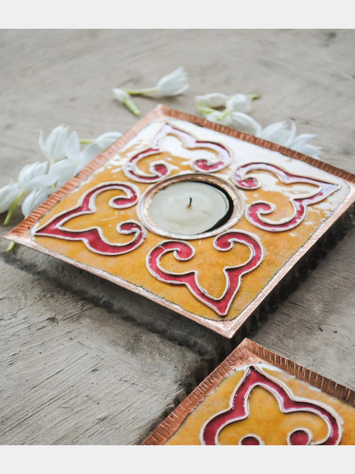 EkiBeki Handcrafted Tealight Holder Rangoli Yellow Square (Set of 2) Ekibeki