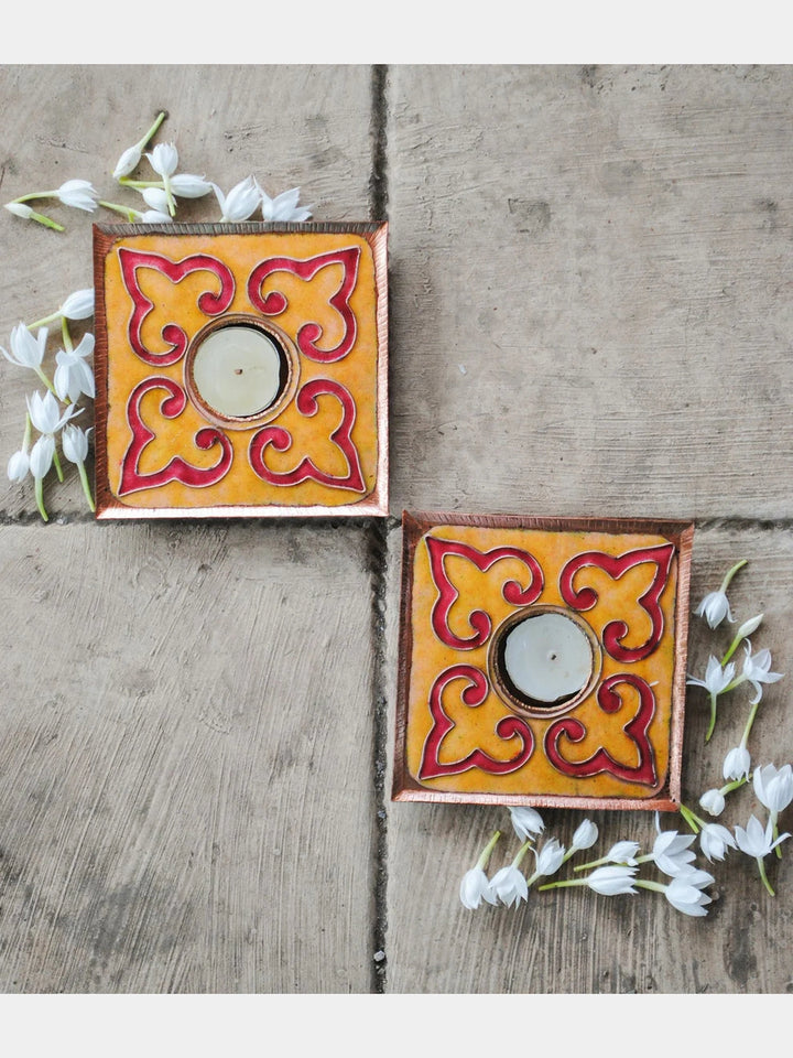 EkiBeki Handcrafted Tealight Holder Rangoli Yellow Square (Set of 2) Ekibeki