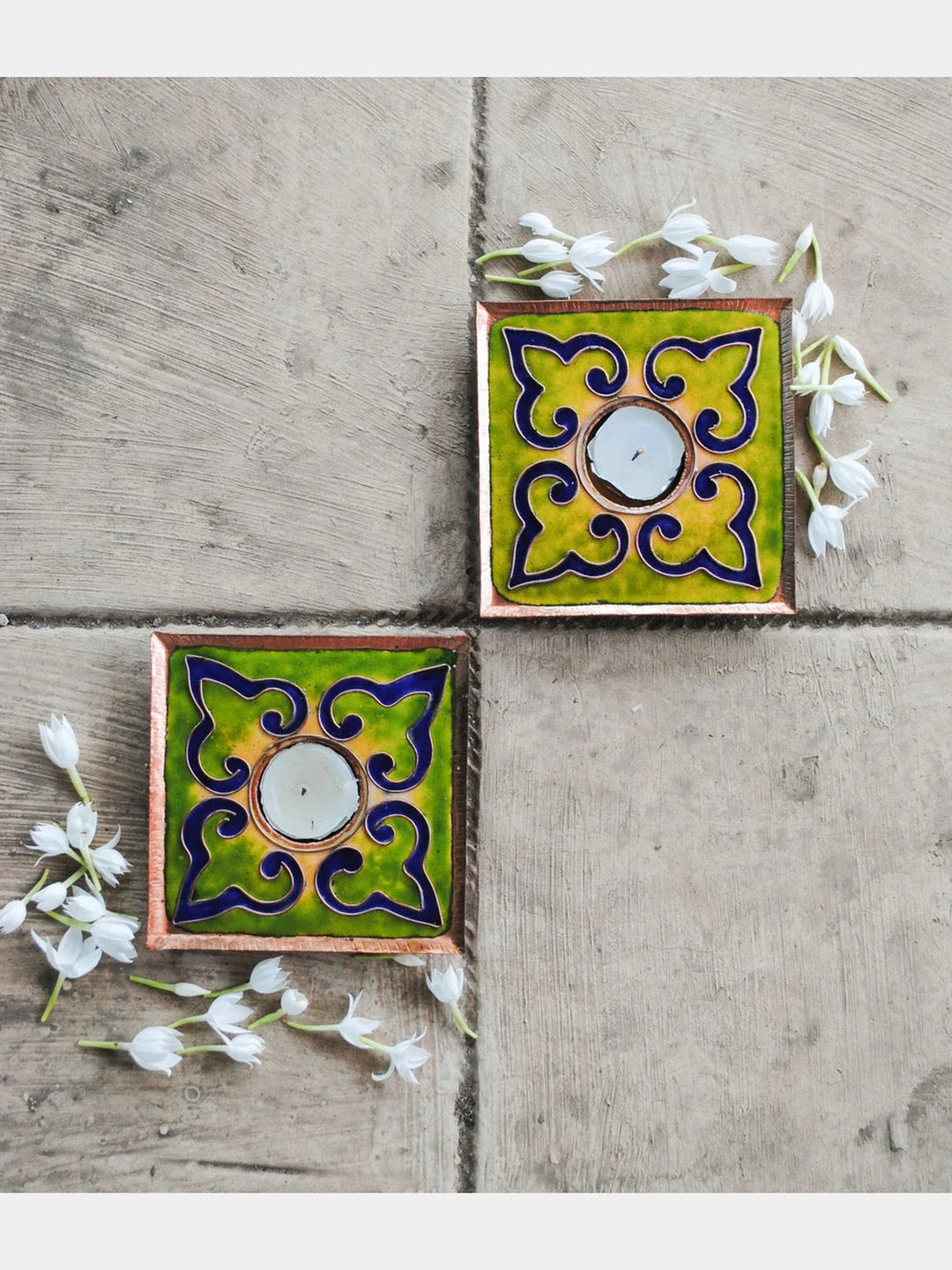 EkiBeki Handcrafted Tealight Holder Rangoli Parrot Square (Set of 2) Ekibeki