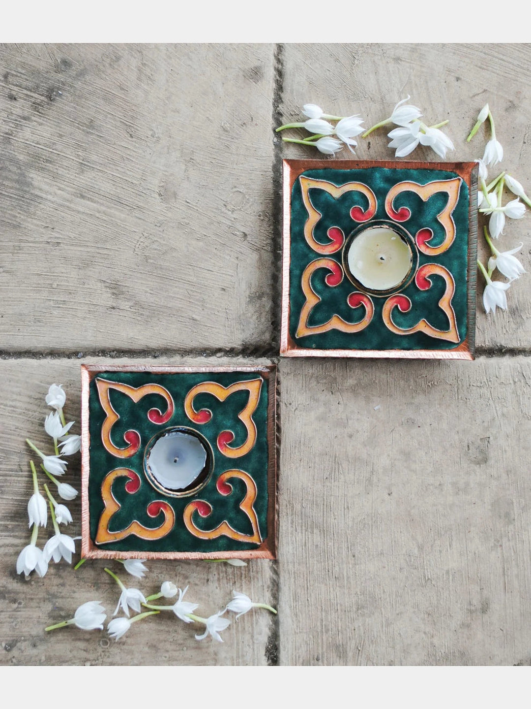 EkiBeki Handcrafted Tealight Holder Rangoli Green Square (Set of 2) Ekibeki