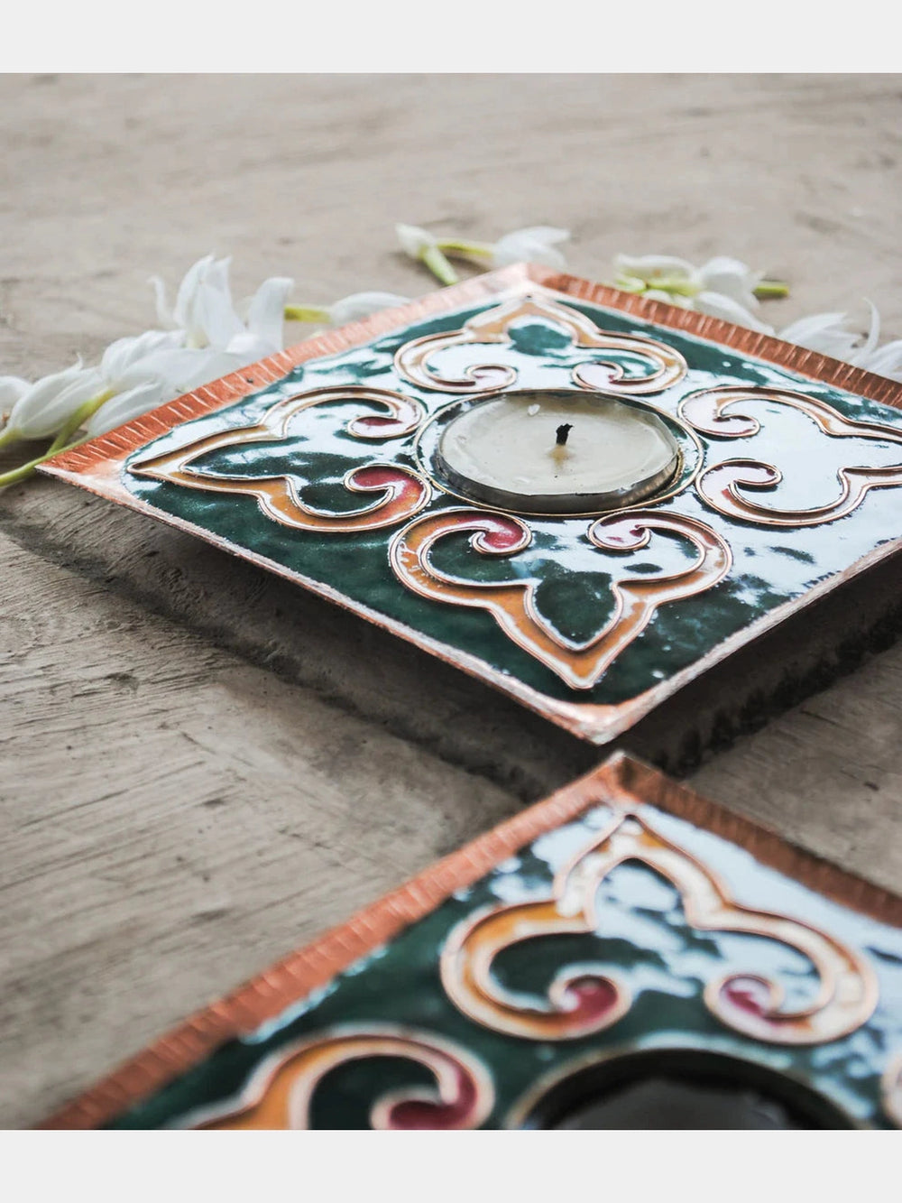 EkiBeki Handcrafted Tealight Holder Rangoli Green Square (Set of 2) Ekibeki