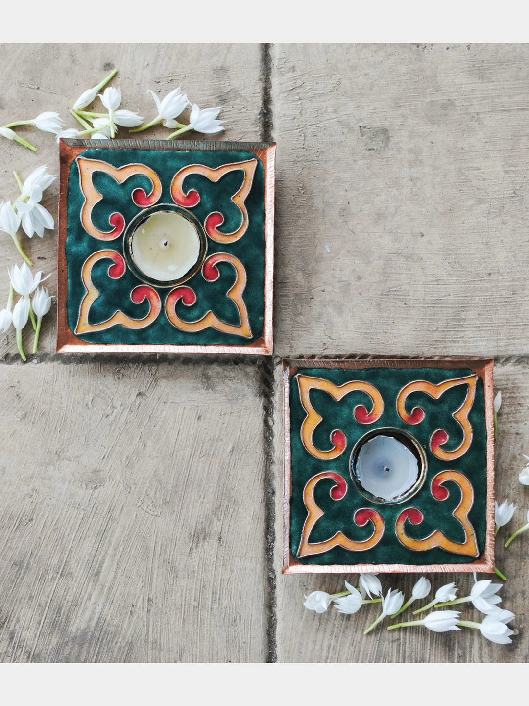 EkiBeki Handcrafted Tealight Holder Rangoli Green Square (Set of 2) Ekibeki