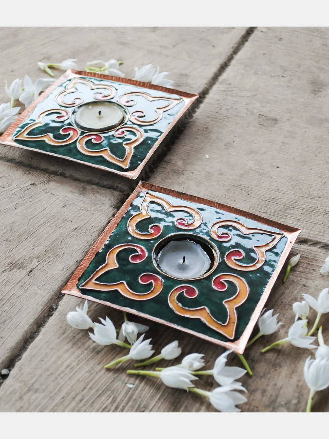 EkiBeki Handcrafted Tealight Holder Rangoli Green Square (Set of 2) Ekibeki