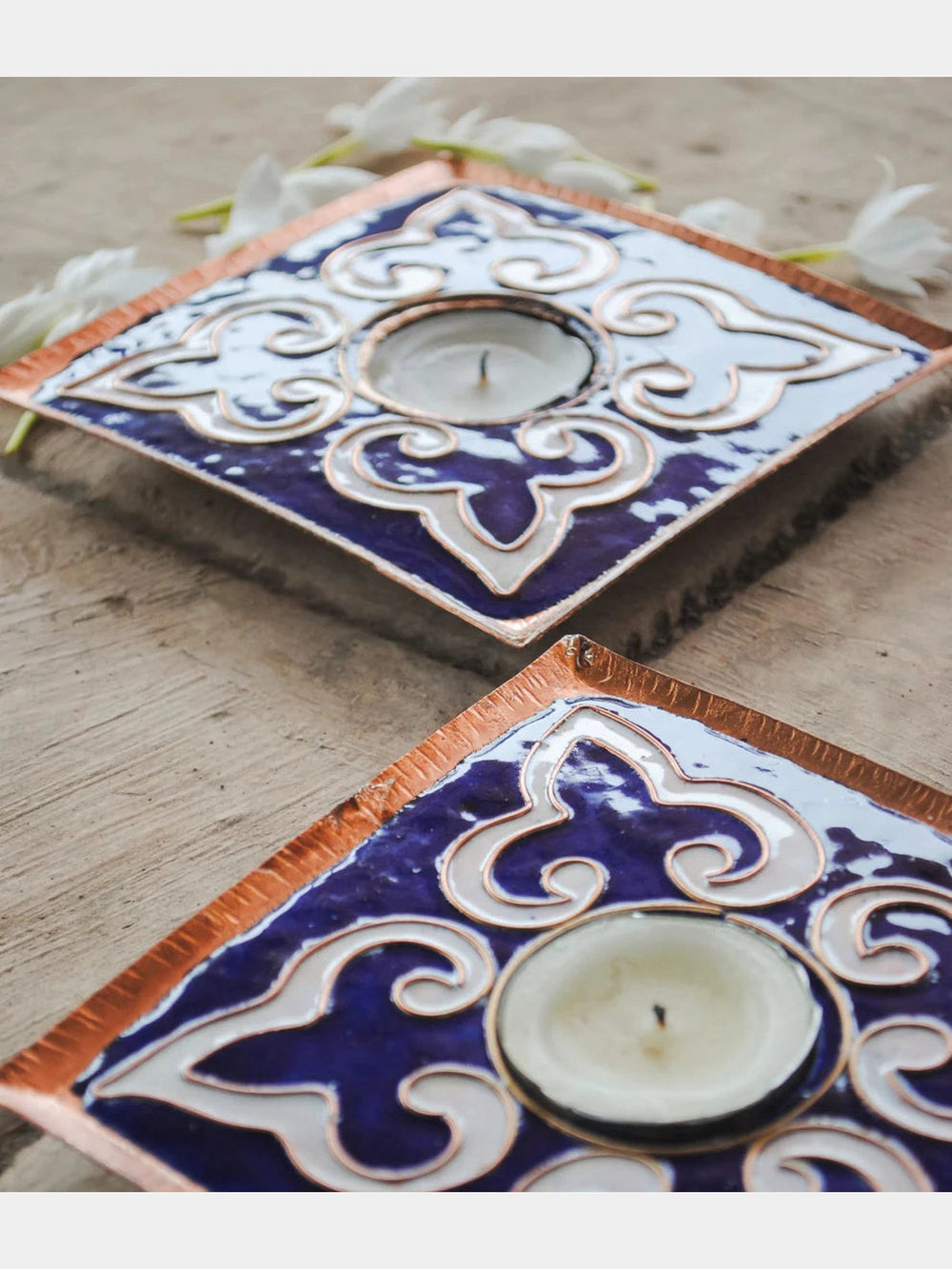 EkiBeki Handcrafted Tealight Holder Rangoli Blue Square (Set of 2) Ekibeki