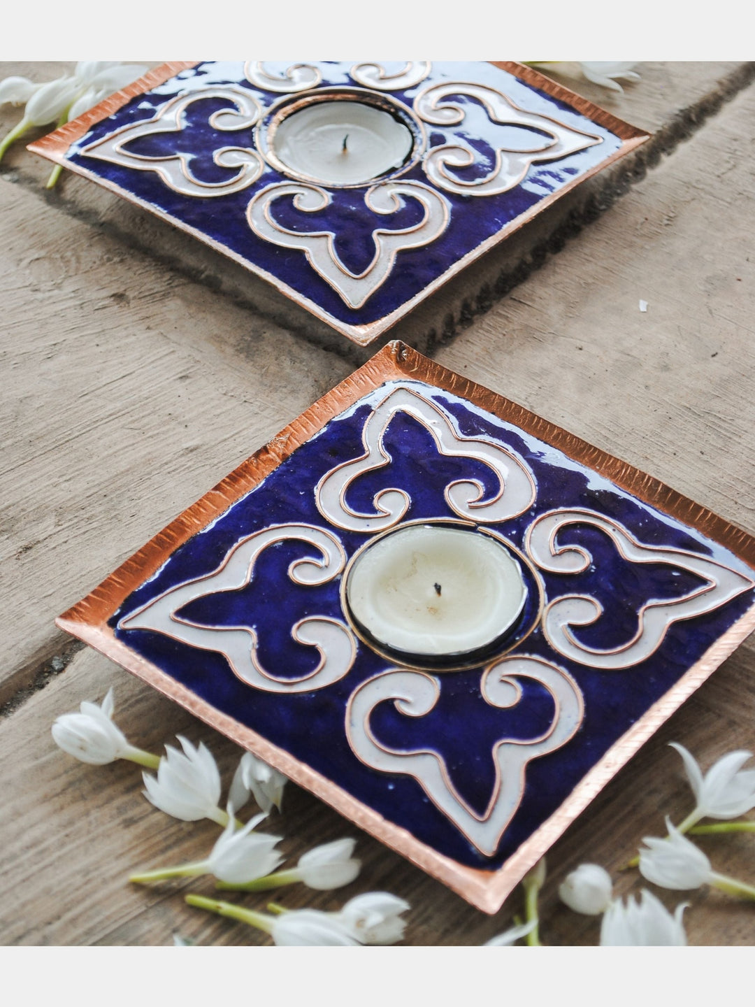 EkiBeki Handcrafted Tealight Holder Rangoli Blue Square (Set of 2) Ekibeki