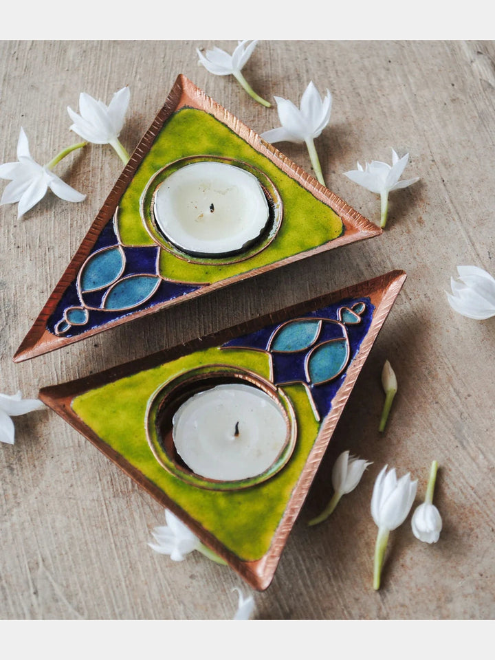 EkiBeki Handcrafted Tealight Holder Rangoli Green (Set of 2) Ekibeki