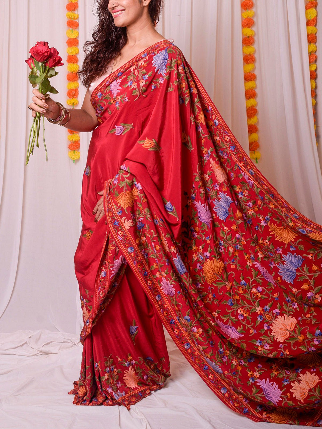 SareesAari Work Crepe Saree RedFor Sarees