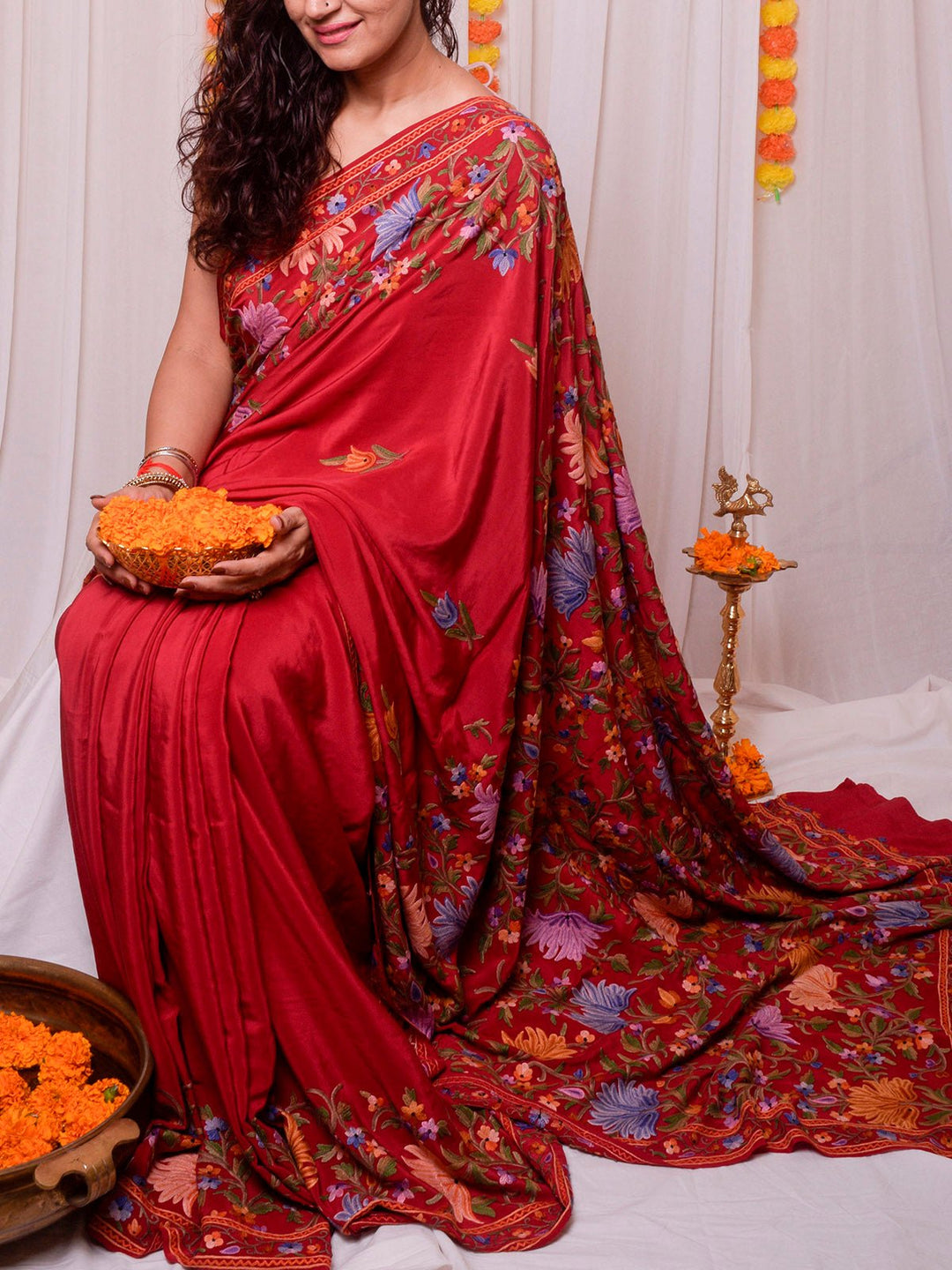 SareesAari Work Crepe Saree RedFor Sarees