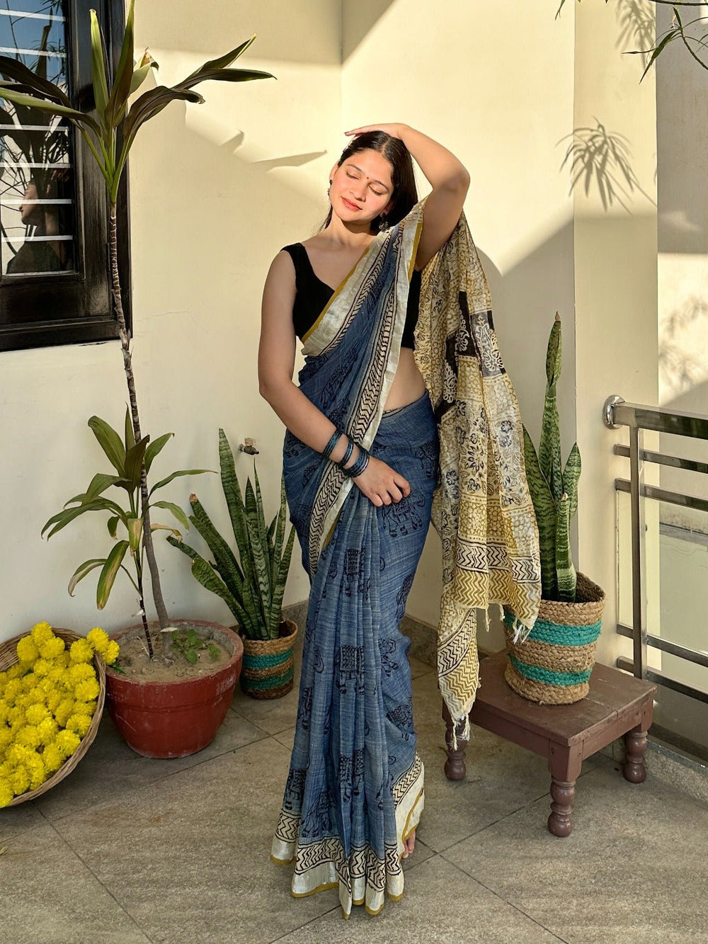 SareesBagru Bazaar Blue Linen SareePolki by Bhagwati SareesFlourish Planet