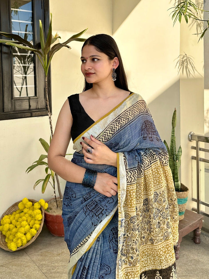 SareesBagru Bazaar Blue Linen SareePolki by Bhagwati SareesFlourish Planet