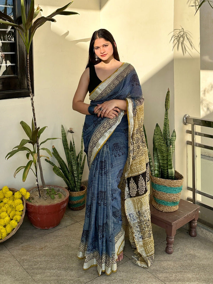 SareesBagru Bazaar Blue Linen SareePolki by Bhagwati SareesFlourish Planet