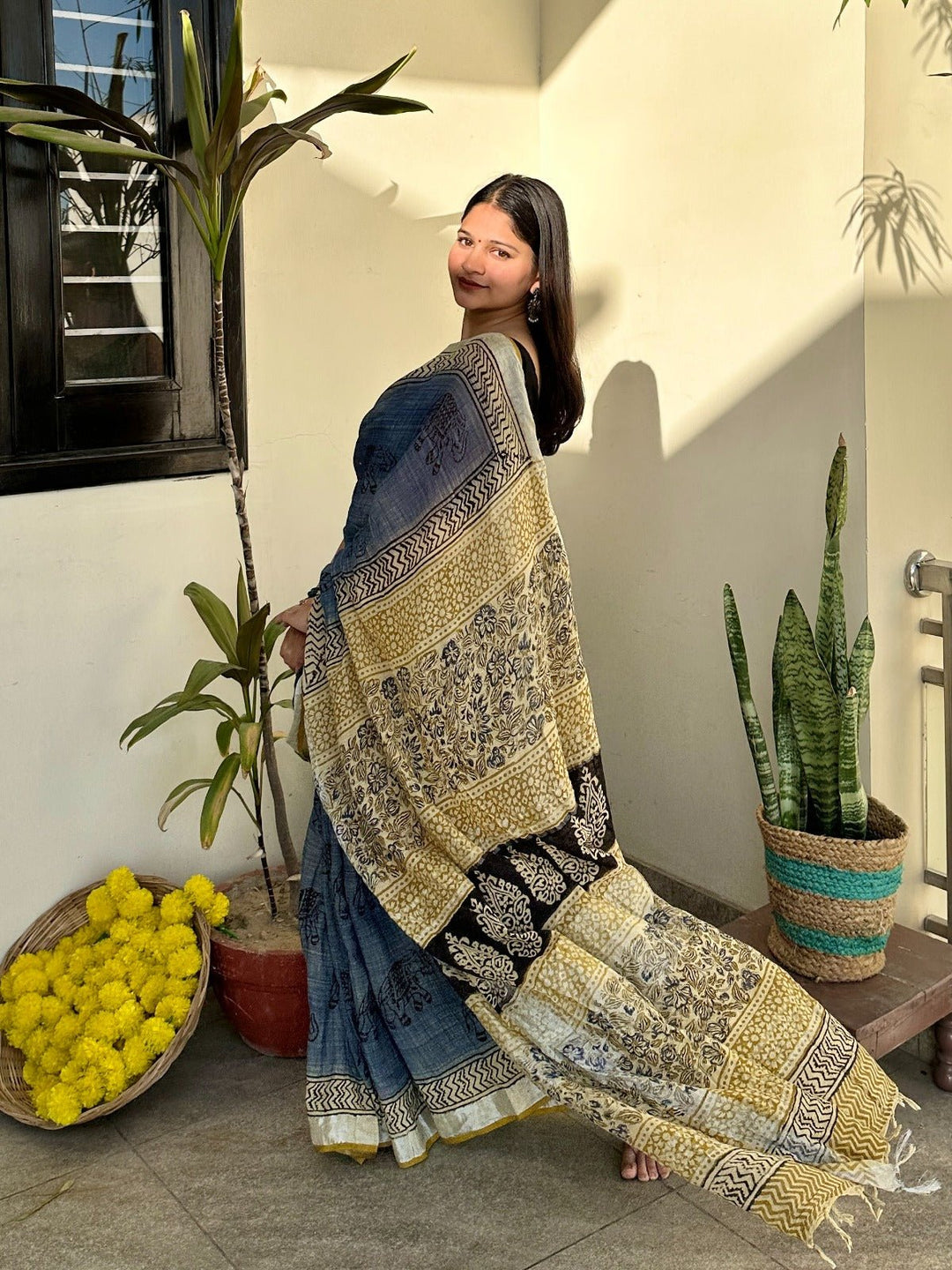 SareesBagru Bazaar Blue Linen SareePolki by Bhagwati SareesFlourish Planet