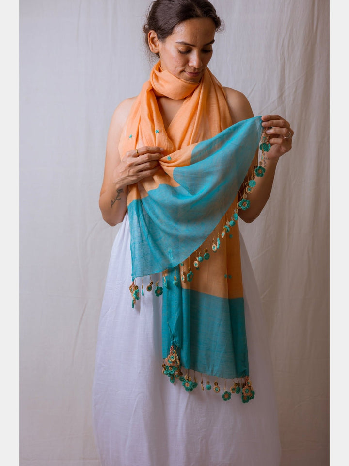 Scarves and WrapsBeige & Turquoise Flower Tassel StoleSamoolam