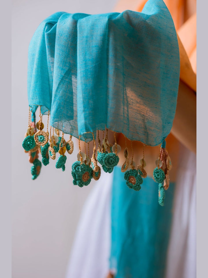 Scarves and WrapsBeige & Turquoise Flower Tassel StoleSamoolam