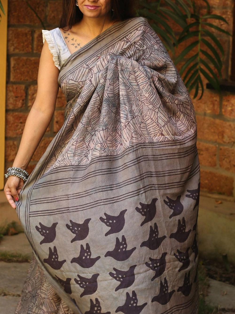 SareesBird Print Mulberry Silk Saree GreyFor Sarees