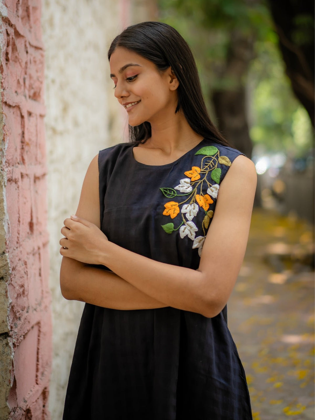 Black A-Line Dress With Floral Hand Embroidery | Flourish Planet S Black A-Line Dress With Floral Hand Embroidery | Flourish Planet S