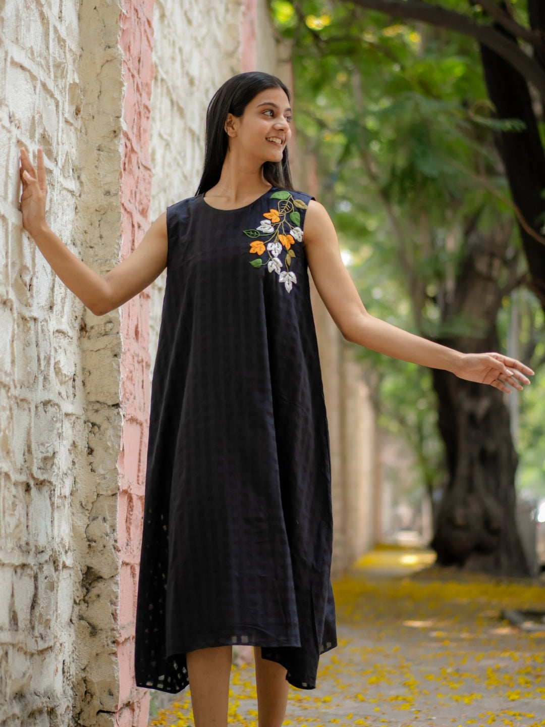 Black A-Line Dress With Floral Hand Embroidery Black A-Line Dress With Floral Hand Embroidery