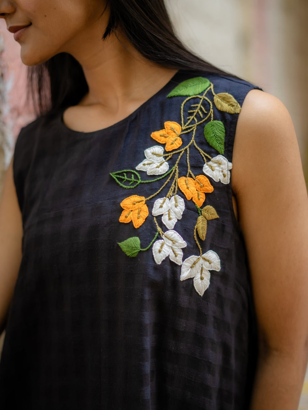 Black A-Line Dress with Floral Hand Embroidery | Flourish Planet S Black A-Line Dress with Floral Hand Embroidery | Flourish Planet S