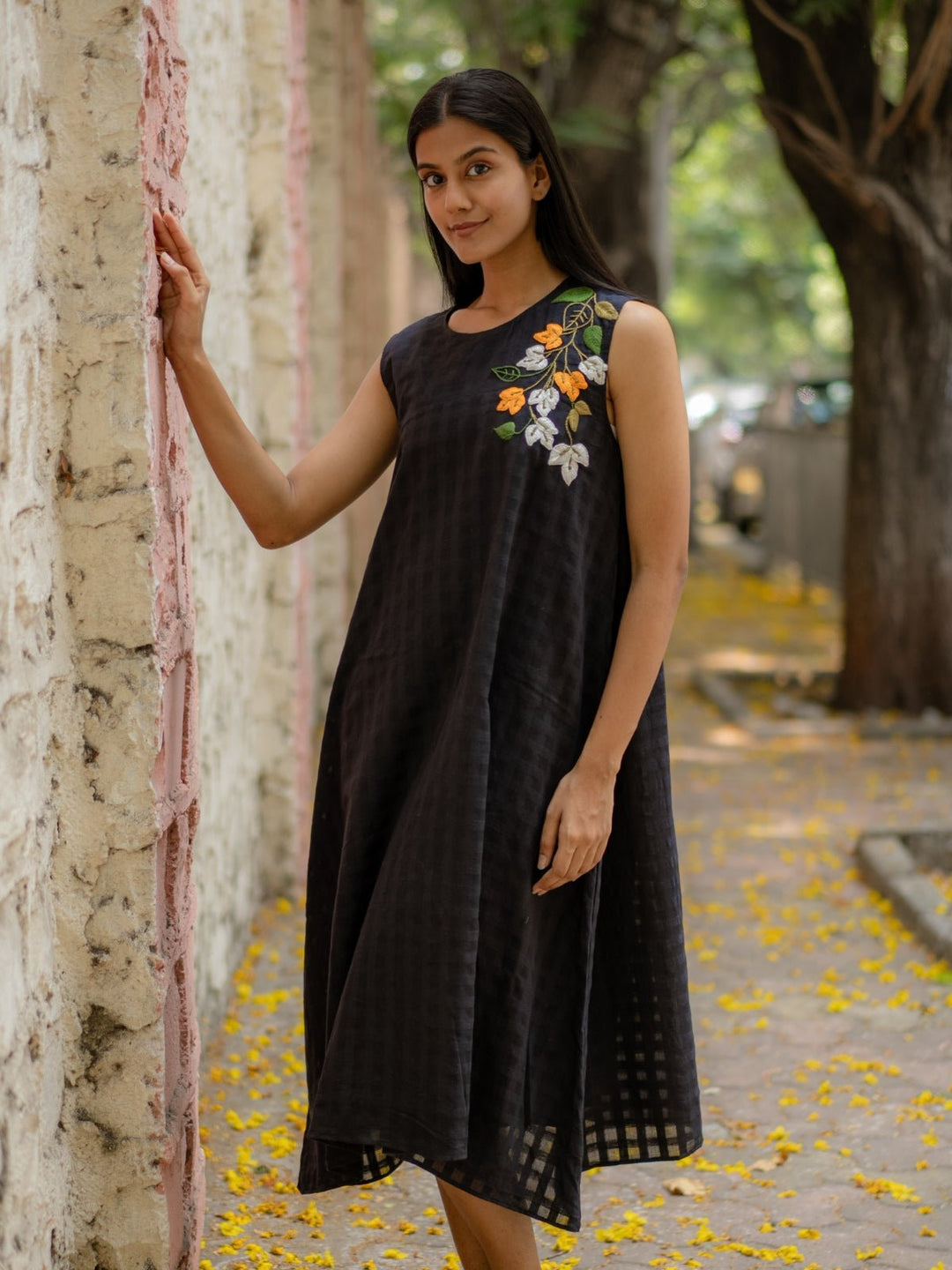 Black A-Line Dress With Floral Hand Embroidery | Flourish Planet Black A-Line Dress With Floral Hand Embroidery | Flourish Planet