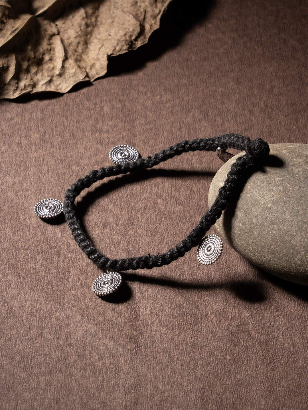 AnkletBlack Patwa Thread Anklet with Silver - Toned Coin CharmsKaladoraFlourish Planet