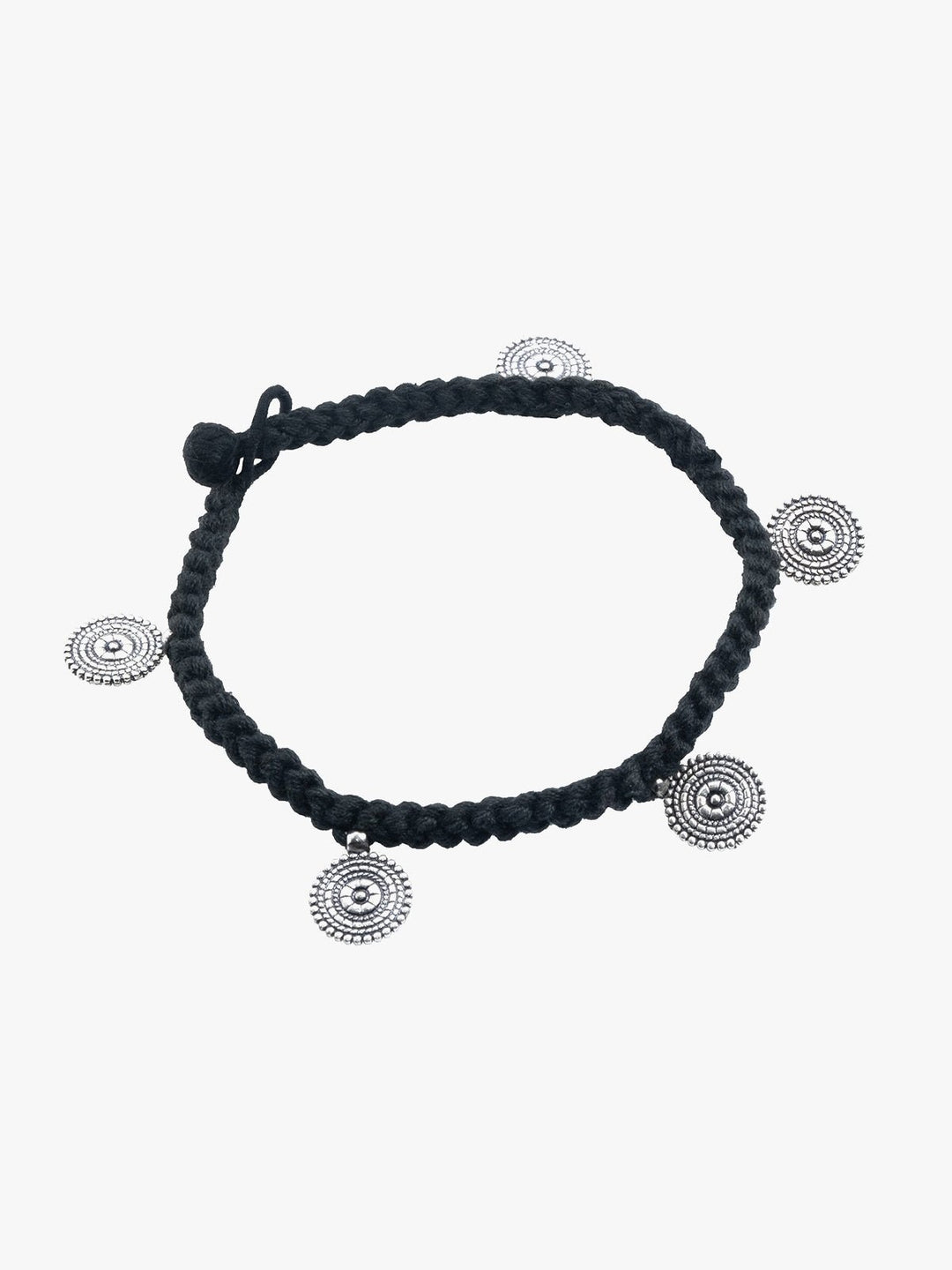 AnkletBlack Patwa Thread Anklet with Silver - Toned Coin CharmsKaladoraFlourish Planet