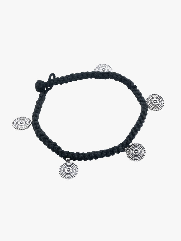 AnkletBlack Patwa Thread Anklet with Silver - Toned Coin CharmsKaladoraFlourish Planet