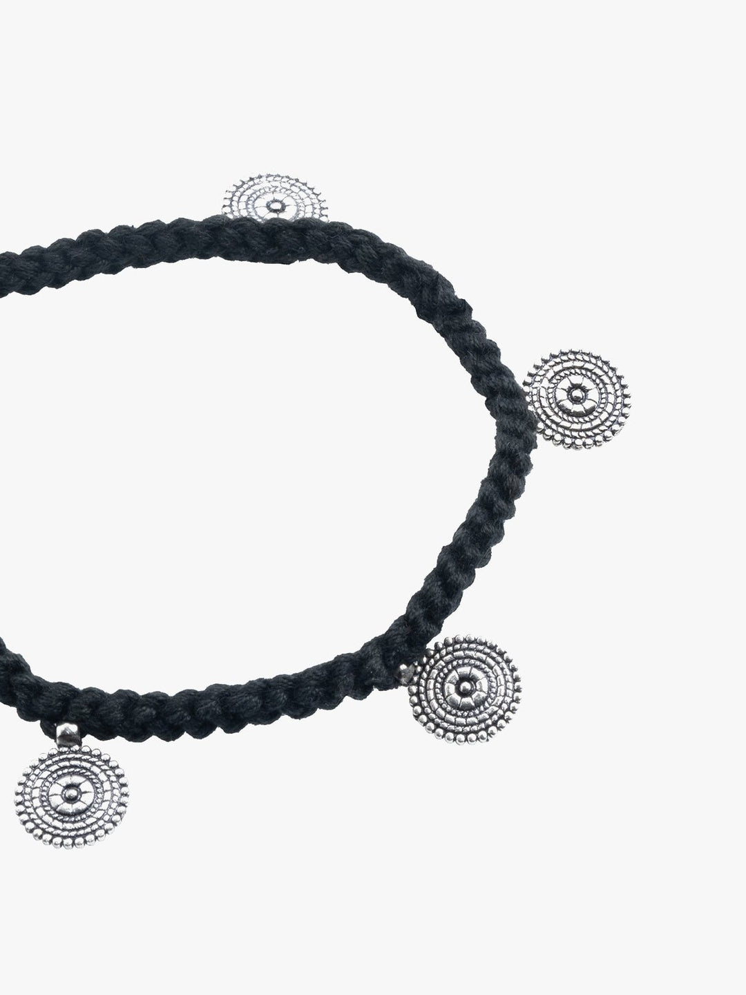 AnkletBlack Patwa Thread Anklet with Silver - Toned Coin CharmsKaladoraFlourish Planet
