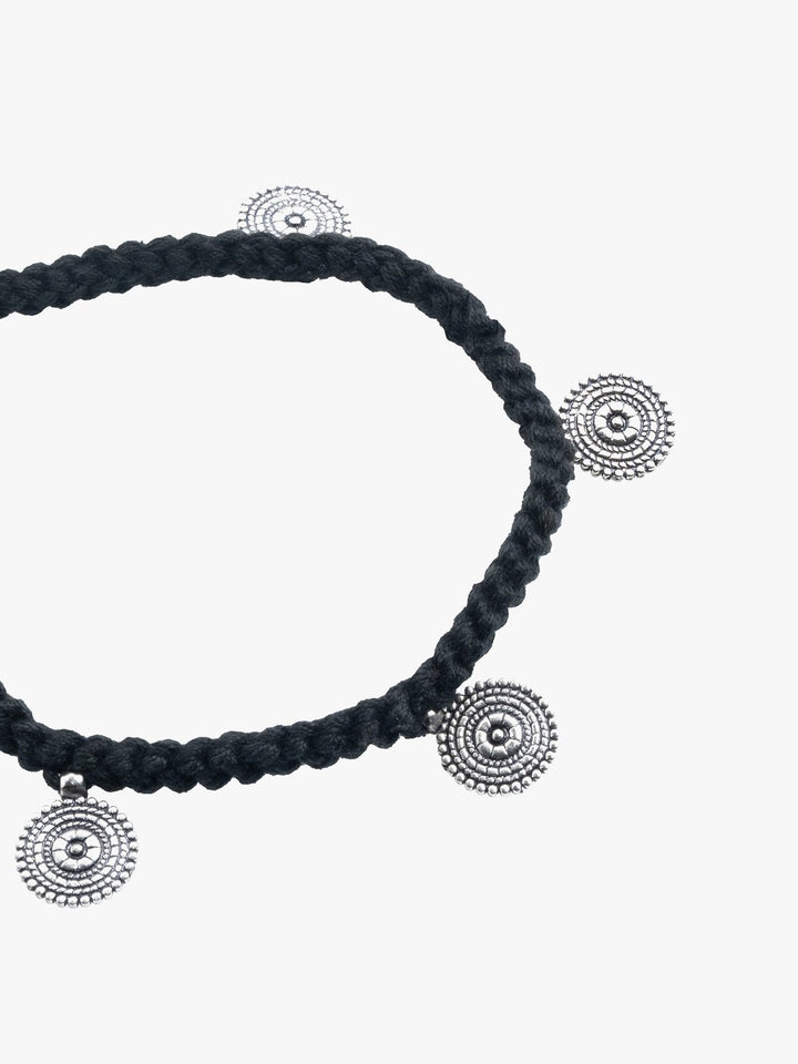 AnkletBlack Patwa Thread Anklet with Silver - Toned Coin CharmsKaladoraFlourish Planet