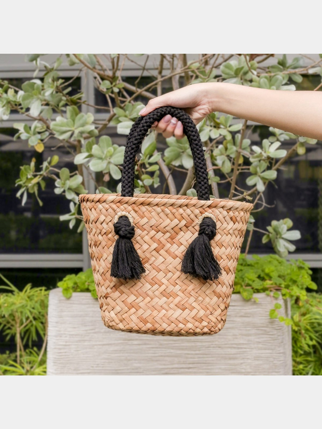 BagsBlack Small Modern Straw Tote with Cord Handles - Classic Tote Bags | LIKHÂLIKHÂ