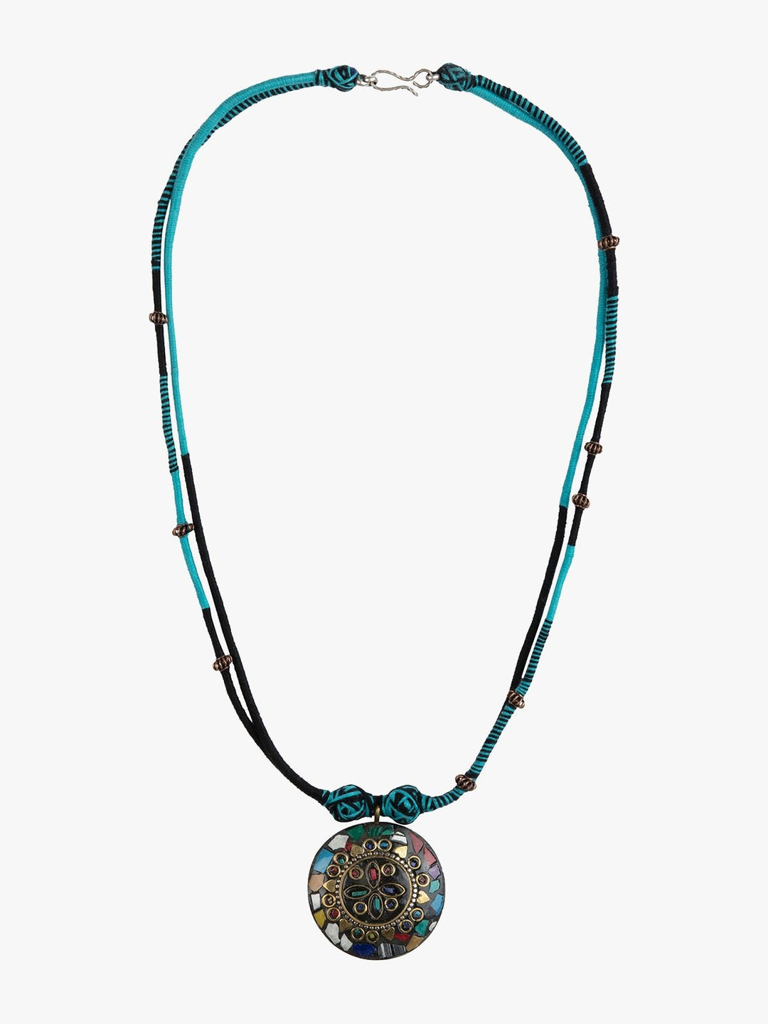 NecklaceBlack & Turquoise Patwa Thread Necklace with Multicolor Mosaic PendantKaladoraFlourish Planet