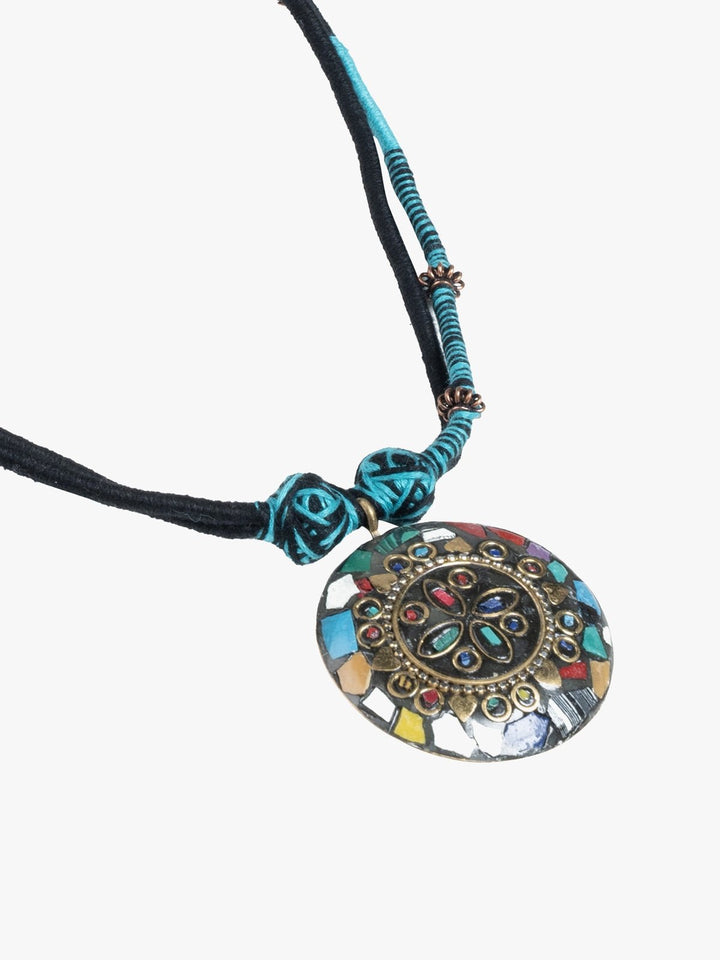 NecklaceBlack & Turquoise Patwa Thread Necklace with Multicolor Mosaic PendantKaladoraFlourish Planet