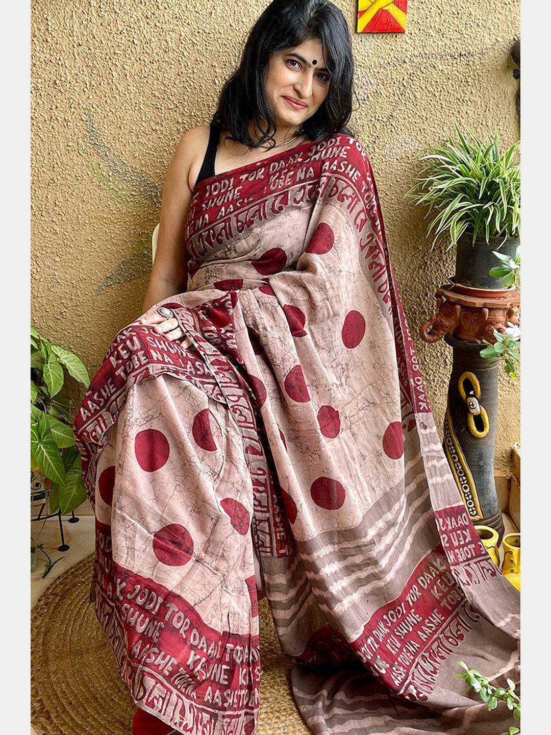 SareesBlock Print Ekla Cholo Saree In Cotton RedFor Sarees