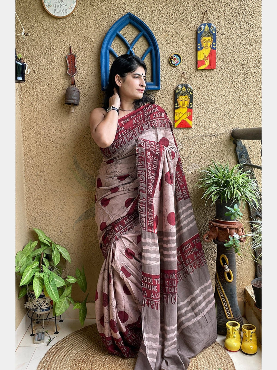 SareesBlock Print Ekla Cholo Saree In Cotton RedFor Sarees