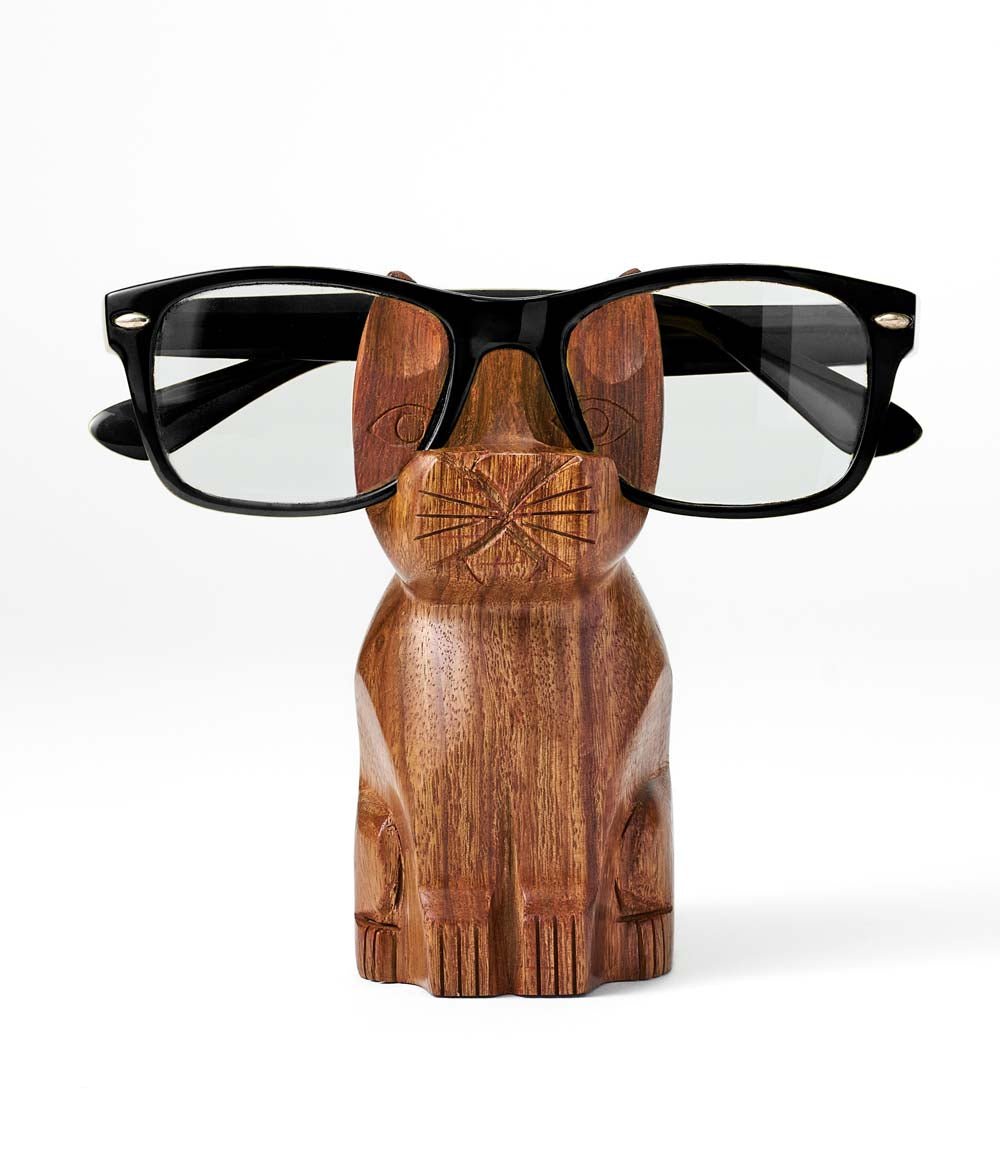 Cat Eyeglass Holder Stand Hand Carved Wood Flourish Planet