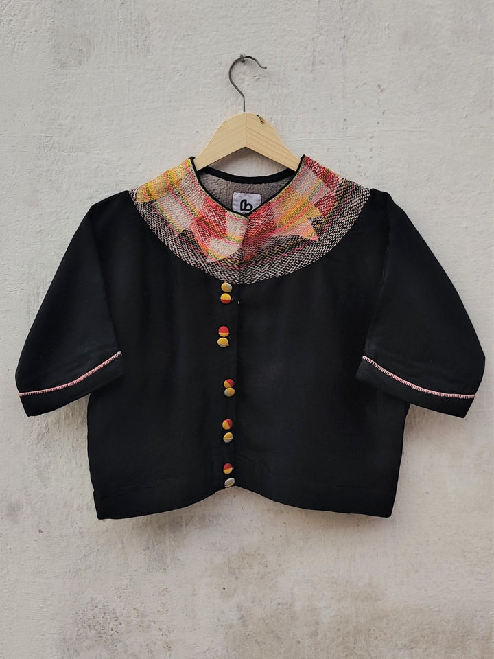 BlousesChanderi Black Crop Top With Sujani Work On Neck LineBihartFlourish Planet