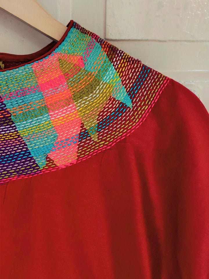 BlousesChanderi Scarlet Red Crop Top With Sujani Work On Neck LineBihartFlourish Planet