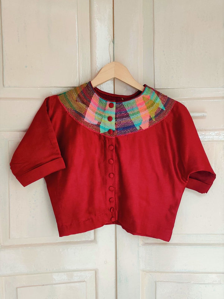 BlousesChanderi Scarlet Red Crop Top With Sujani Work On Neck LineBihartFlourish Planet