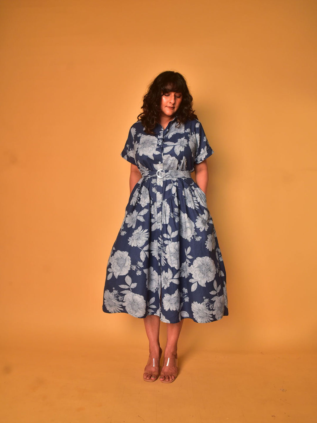 Blue Floral Screen Printed Cotton Button Down Shirt Dress For Women Blue Floral Screen Printed Cotton Button Down Shirt Dress For Women