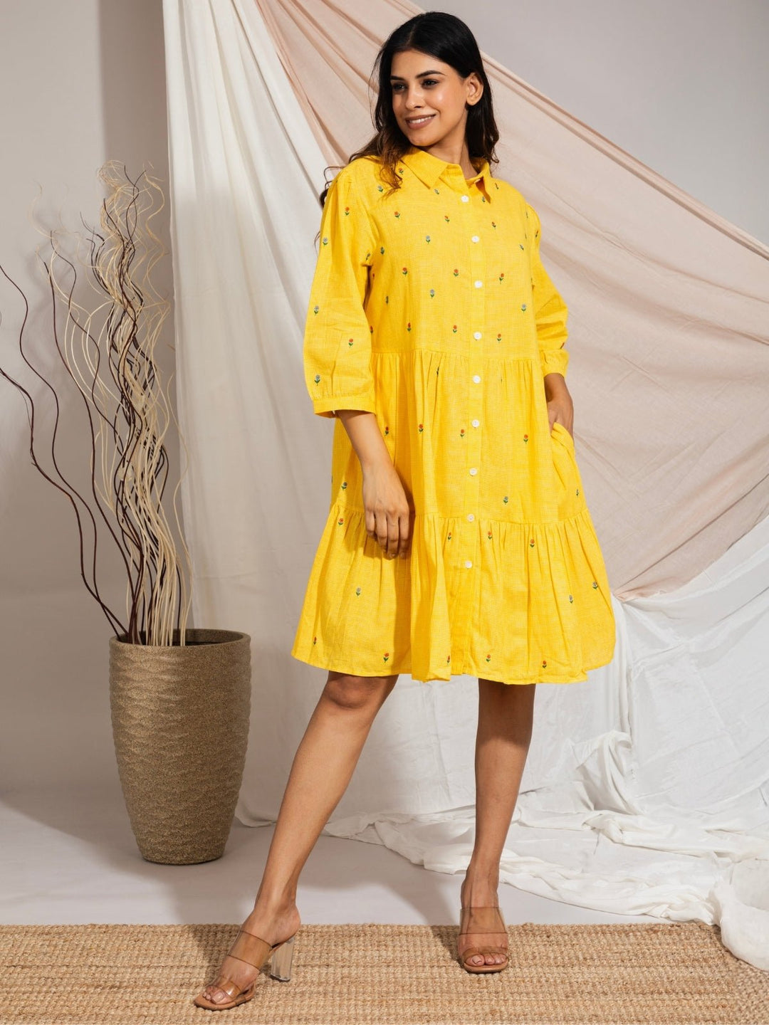 Daisy Hand Embroidered Cotton Tiered Dress - Yellow | Flourish Planet Daisy Hand Embroidered Cotton Tiered Dress - Yellow | Flourish Planet