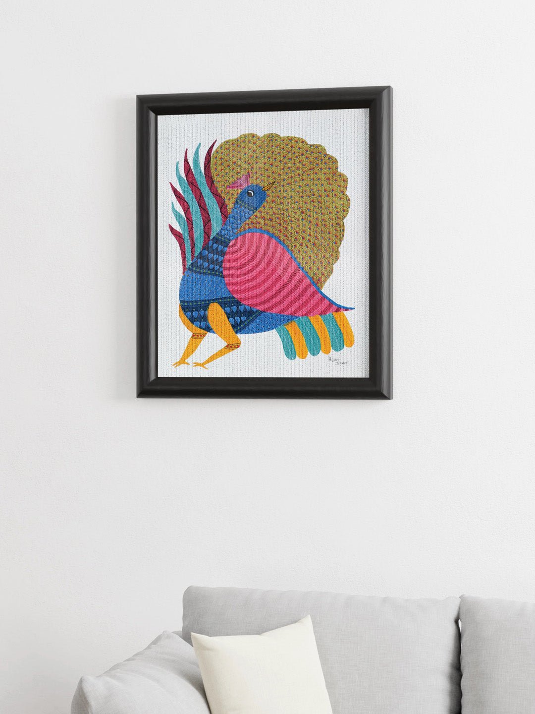 DecorDancing Peacock Gond Art Painting - UnframedKailash Pradhan