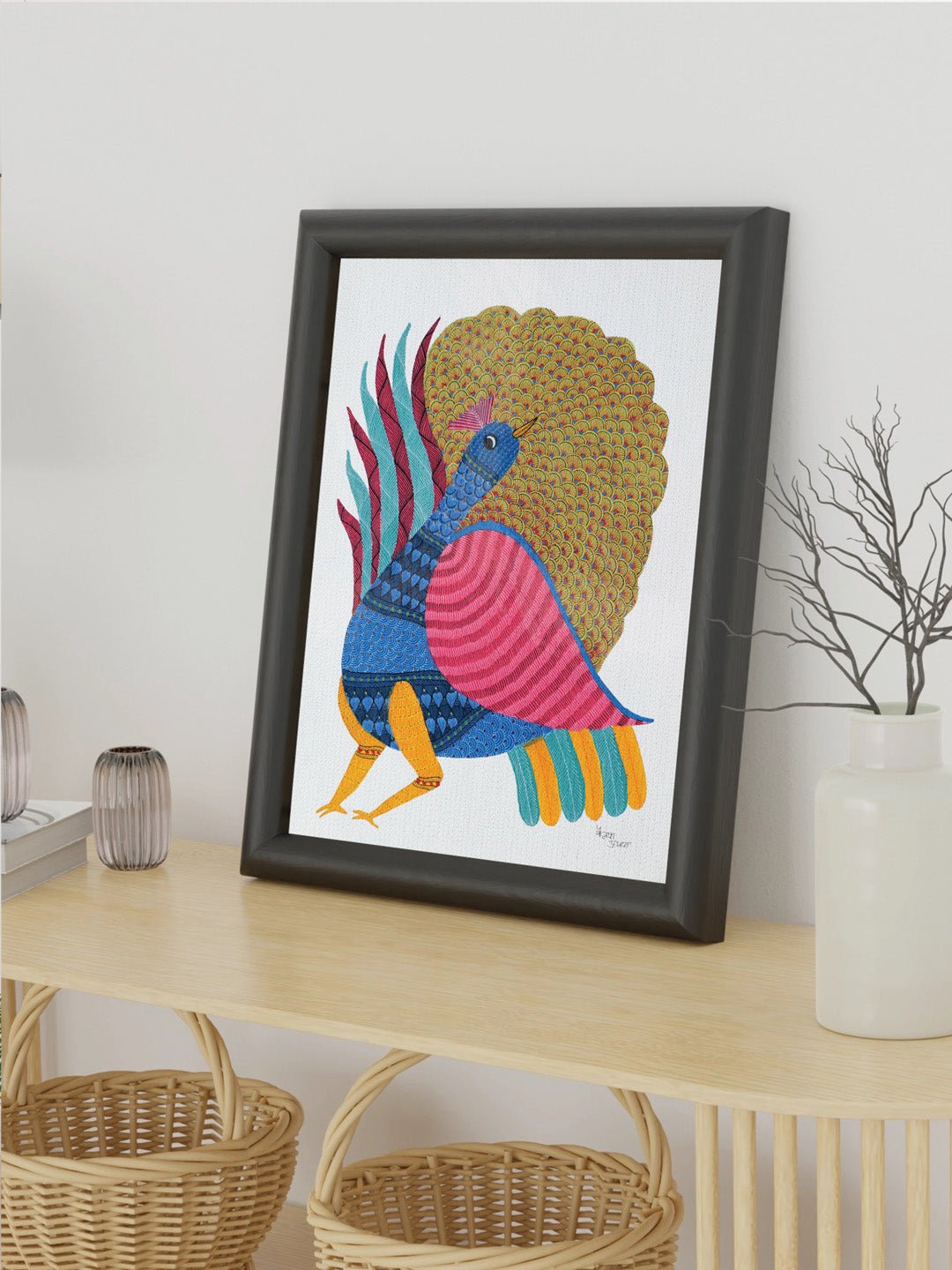 DecorDancing Peacock Gond Art Painting - UnframedKailash Pradhan