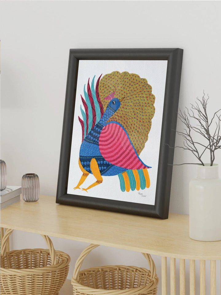 DecorDancing Peacock Gond Art Painting - UnframedKailash Pradhan