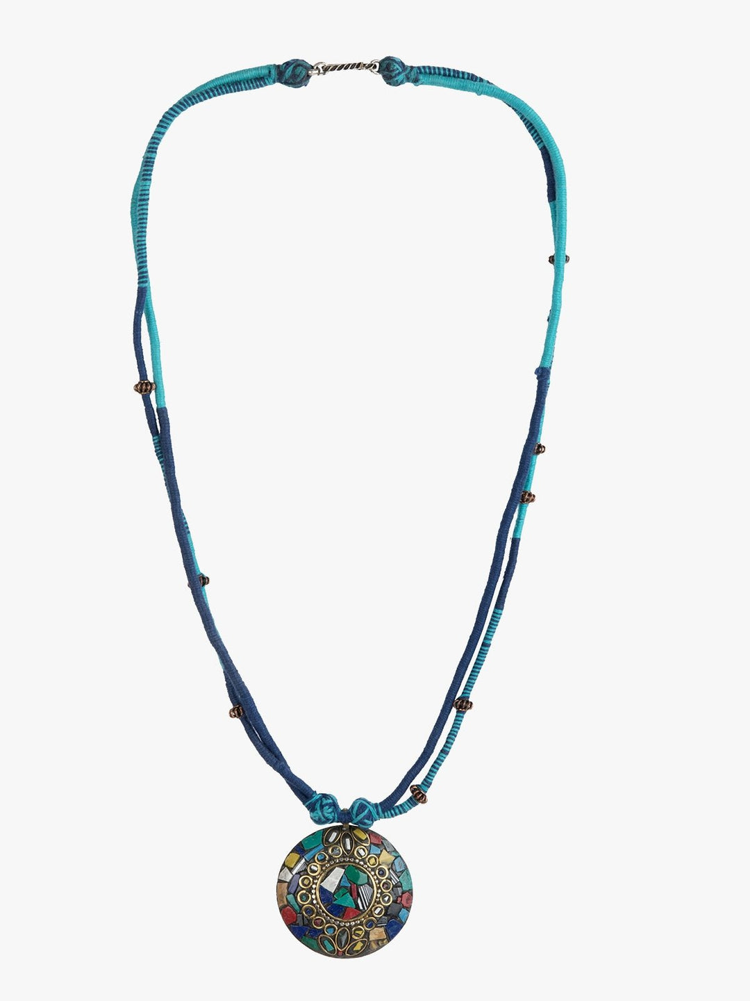 NecklaceDual - Tone Blue Patwa Thread Necklace with Mosaic Stonework PendantKaladoraFlourish Planet