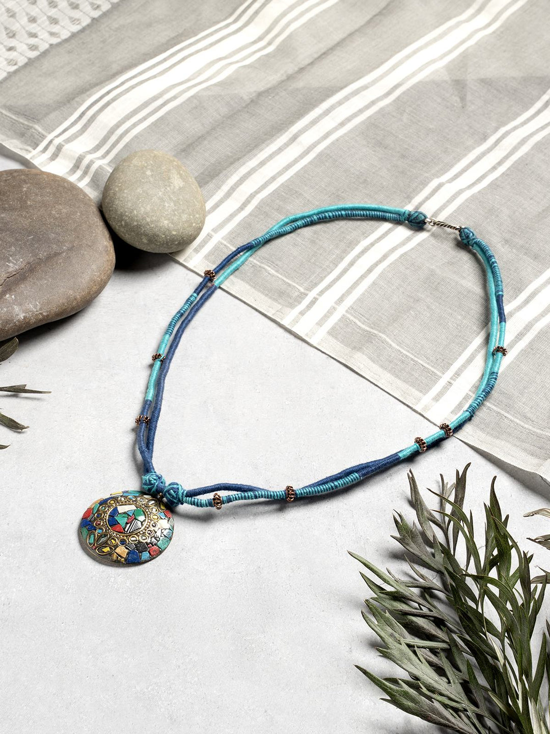 NecklaceDual - Tone Blue Patwa Thread Necklace with Mosaic Stonework PendantKaladoraFlourish Planet