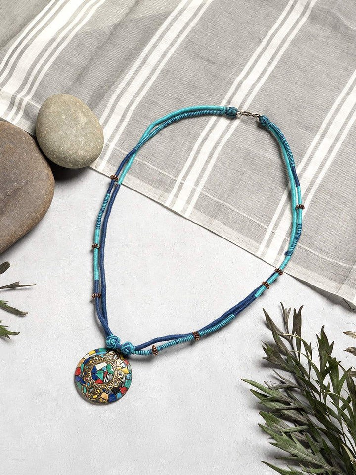 NecklaceDual - Tone Blue Patwa Thread Necklace with Mosaic Stonework PendantKaladoraFlourish Planet