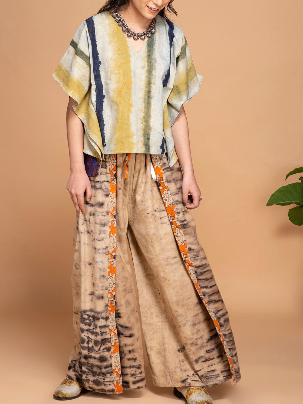 TopsEcoprinted Handwoven Kimono Crop Top Blue & GreenBageeya