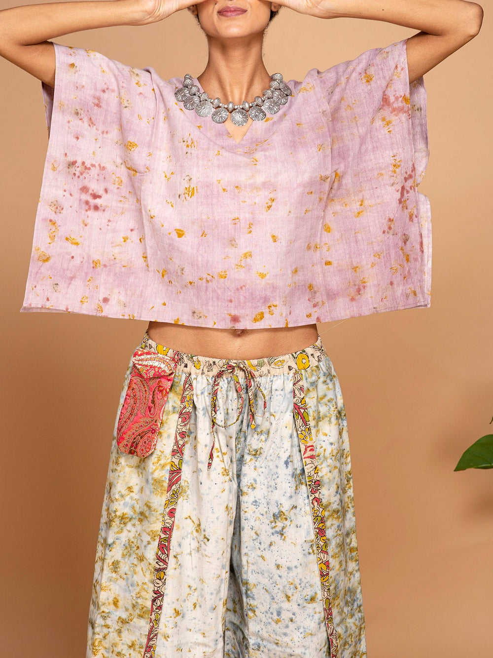 TopsEcoprinted Handwoven Kimono Crop Top PinkBageeya