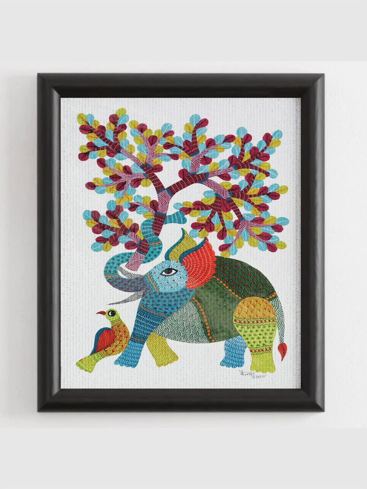 DecorElephant And Tree Gond Art Painting - UnframedKailash Pradhan